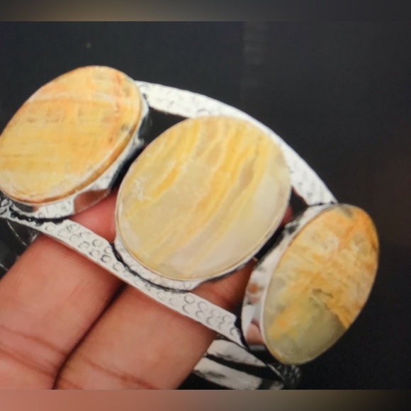 Yellow Lace Agate Stamped 925 Sterling Silver Cuff Bracelet